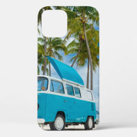 Blue and white van on beach