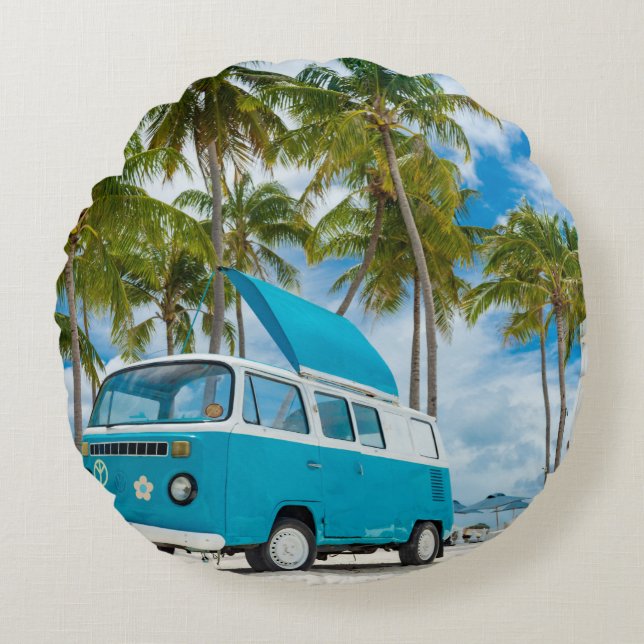 Blue and white van on beach round cushion (Front)