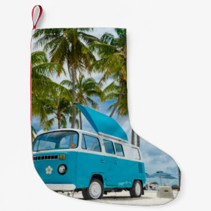 Blue and white van on beach small christmas stocking