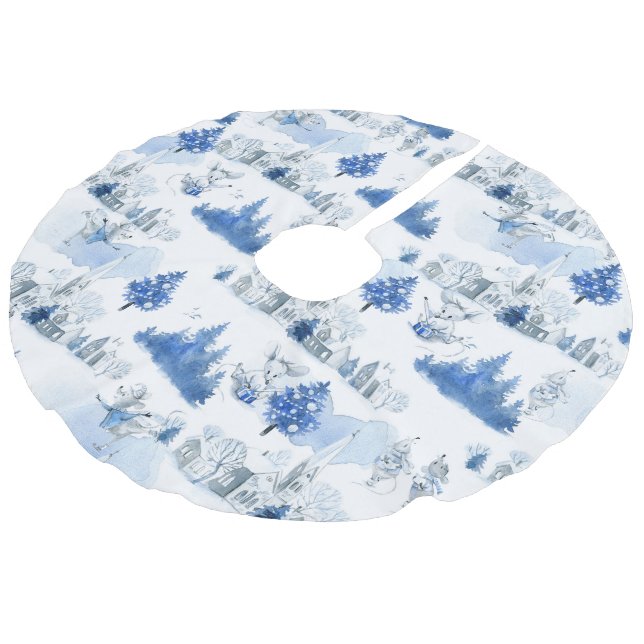 Blue and White Victorian Holiday Mouse Village Faux Linen Tree Skirt (Angled)