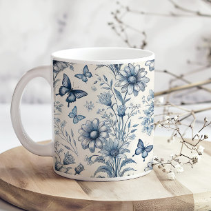 Blue and White Vintage Floral and Butterfly Coffee Mug