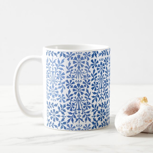 Blue and white vintage floral coffee mug (With Donut)