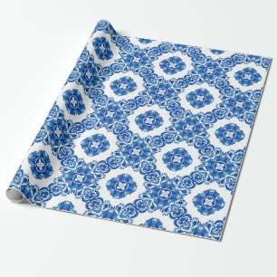 Blue and White Vintage Floral Watercolor Parisian  Wrapping Paper
