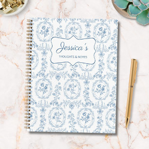 Blue and White Vintage Flowers Floral Personalised Notebook