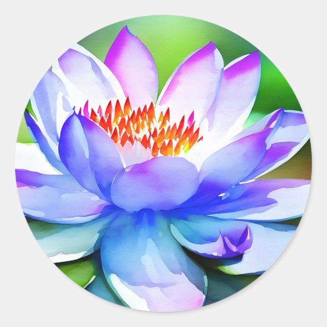 Blue and white water lily art classic round sticker (Front)