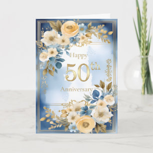 Blue and White Watercolor 50th Wedding Anniversary Card