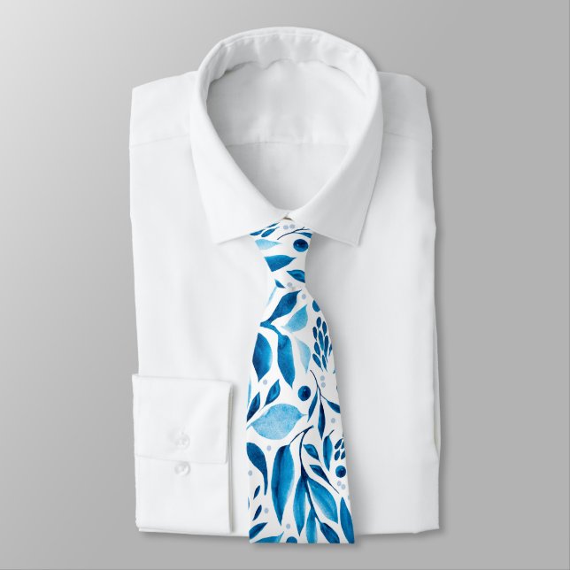 Blue and White Watercolor Botanicals Tie (Tied)
