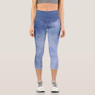 Blue and White Watercolor Capri Leggings