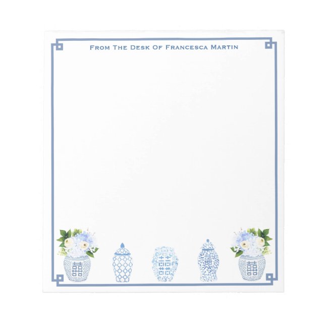 Blue And White Watercolor Chinoiserie Personalised Notepad (Front)