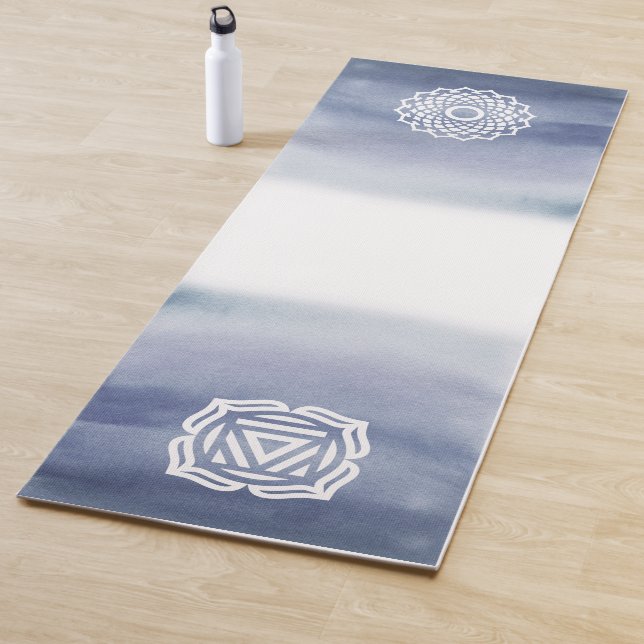 Blue and White Watercolor Crown & Root Chakra Yoga Mat (In Situ)