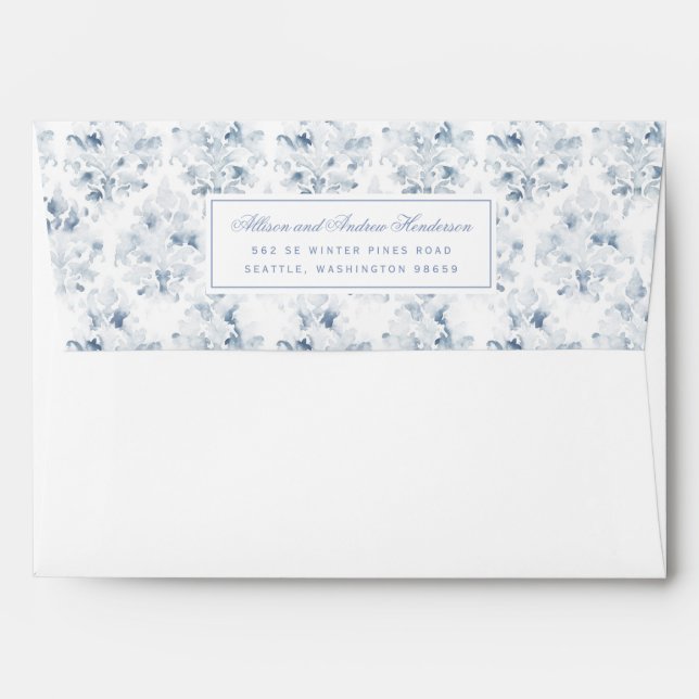 Blue and White Watercolor Damask Wedding Envelope (Back (Top Flap))