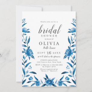 Blue and white watercolor floral bridal shower invitation