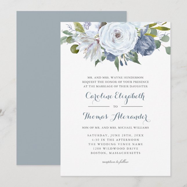 Blue and White Watercolor Floral Elegant Wedding Invitation (Front/Back)