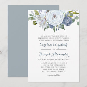 Blue and White Watercolor Floral Elegant Wedding Invitation