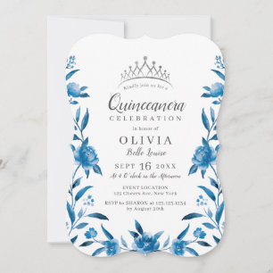 Blue and white watercolor floral Quinceanera Invitation