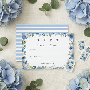 Blue And White Watercolor Floral Wedding RSVP Card