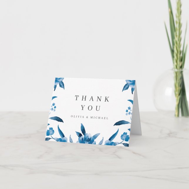 Blue and white watercolor floral wedding thank you (Front)