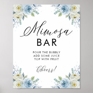 Blue and White Watercolor Flowers Mimosa Bar Poster