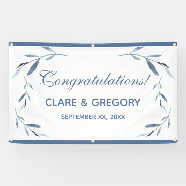 Blue and White Watercolor Leaves Wedding Banner (Horizontal)