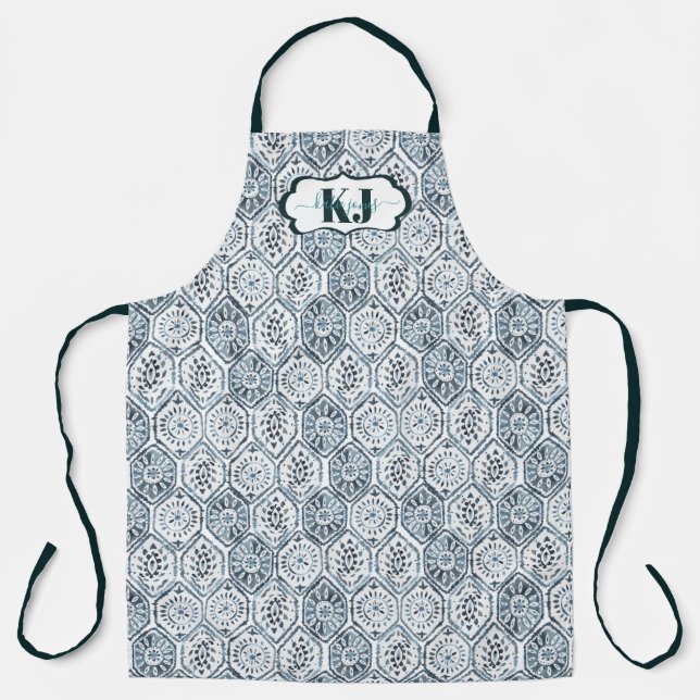 Blue and White Watercolor Moroccan Tile Pattern Apron (Front)