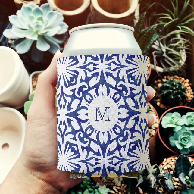 Blue and White Watercolor Spanish Tile Monogram Can Cooler (Creator Uploaded)