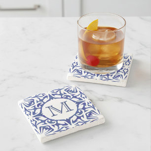 Blue and White Watercolor Spanish Tile Monogram Stone Coaster
