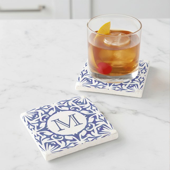 Blue and White Watercolor Spanish Tile Monogram Stone Coaster (Creator Uploaded)