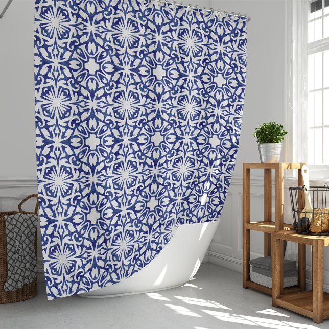 Blue and White Watercolor Spanish Tile Pattern Shower Curtain (Creator Uploaded)