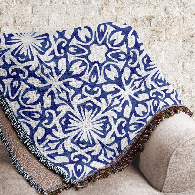 Blue and White Watercolor Spanish Tile Pattern Throw Blanket (Creator Uploaded)