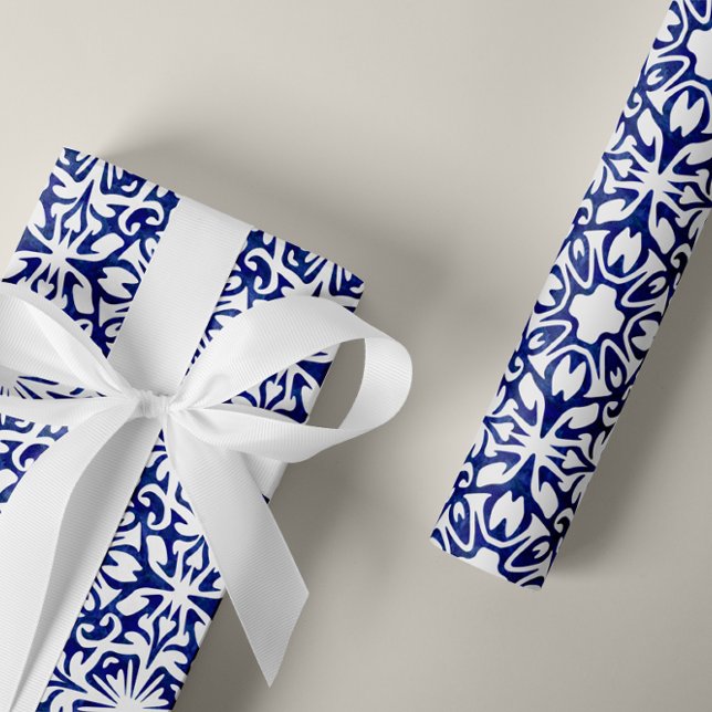 Blue and White Watercolor Spanish Tile Pattern Wrapping Paper (Creator Uploaded)
