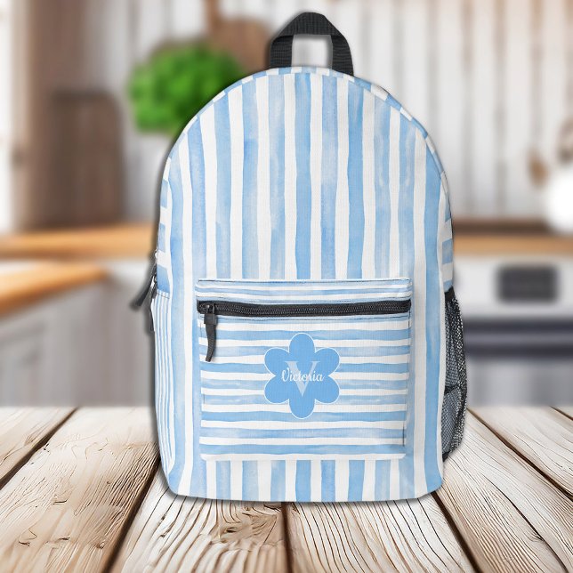 Blue and White Watercolor Stripes Flower Monogram Printed Backpack (Creator Uploaded)