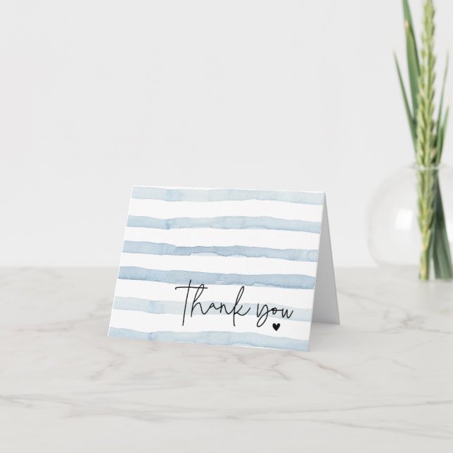 Blue and White Watercolor Stripes Folded Thank You Card (Front)