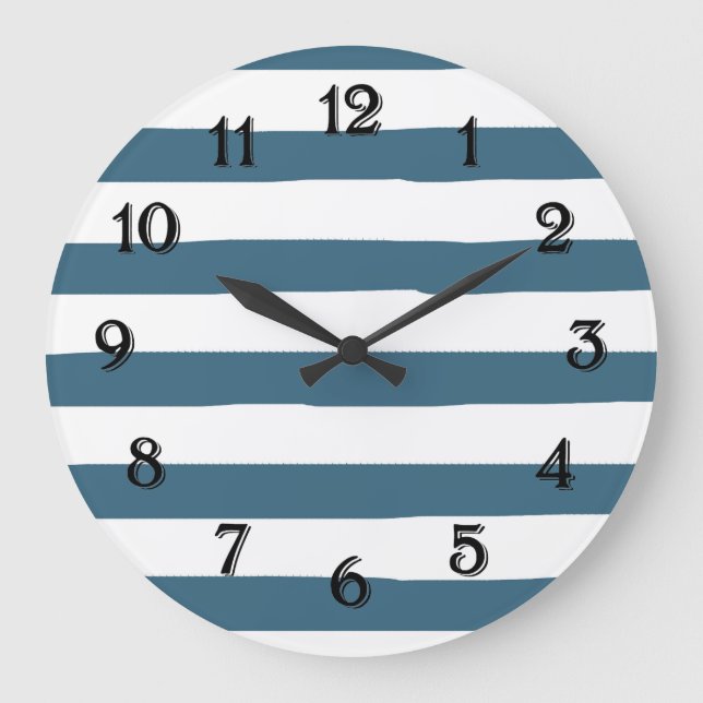 Blue and White Watercolor Stripes Large Clock (Front)