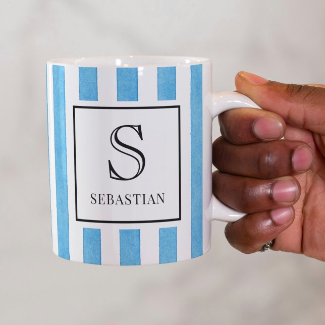 Blue and White Watercolor Stripes Pattern Monogram Coffee Mug (Creator Uploaded)