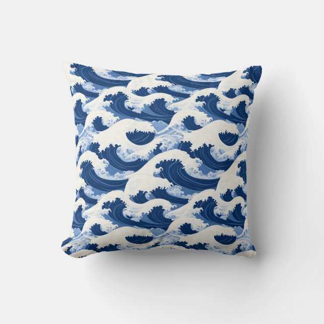 Blue and white Waves Nautical pattern Cushion (Front)