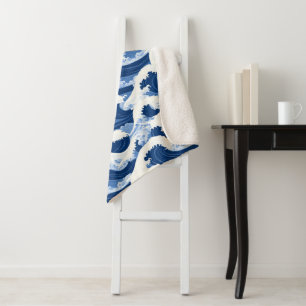 Blue and white Waves Nautical pattern Sherpa Blanket