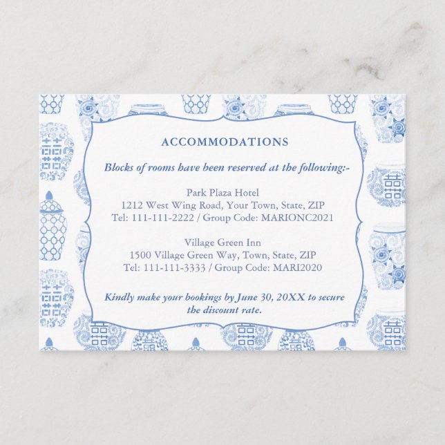 Blue And White Wedding Accommodations Registry Enclosure Card (Front)