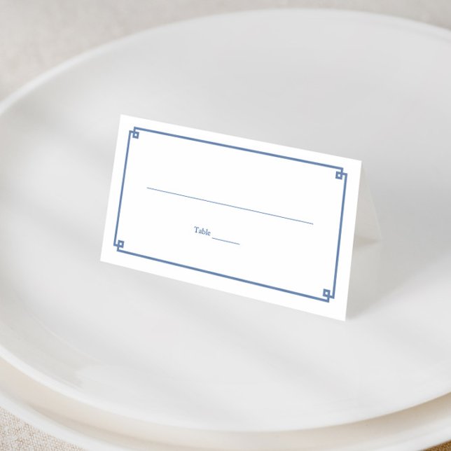 Blue And White Wedding Elegant Chinoiserie Print Place Card (Elegant blue and white greek key border place card with classic chinoiserie print reverse)