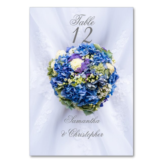 Blue and white wedding flower table number (Front)
