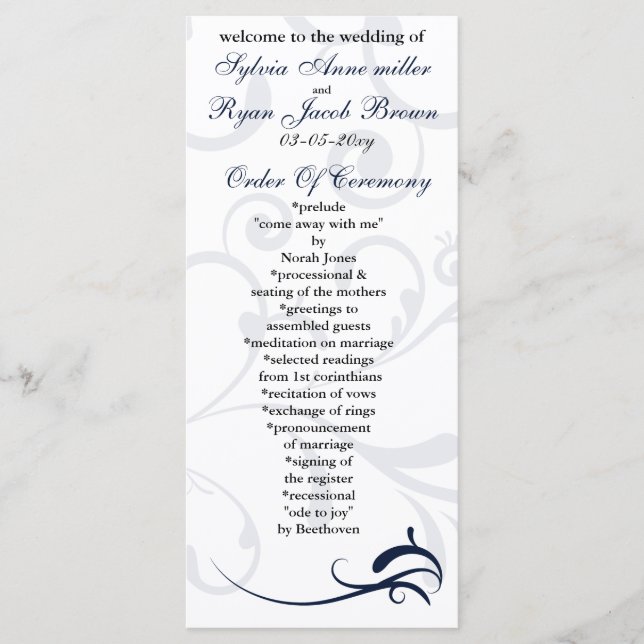 blue and white Wedding program Rack Card (Front)