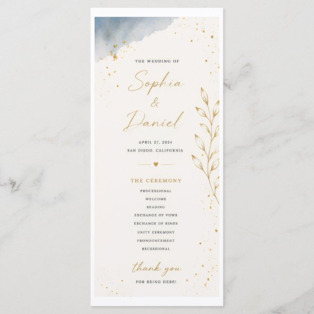 Blue and White Wedding Program with Leaves Programme (Front)