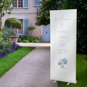 Blue and White Welcome Hydrangea Wedding Event Retractable Banner