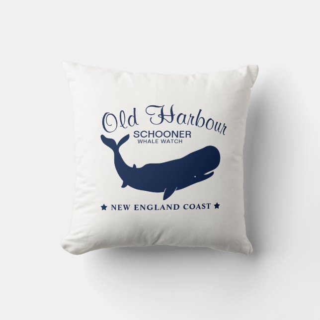 Blue and White Whale Label - Nautical Pillow (Front)