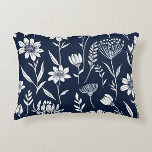 blue and white wildflowers - Block print-style Decorative Cushion