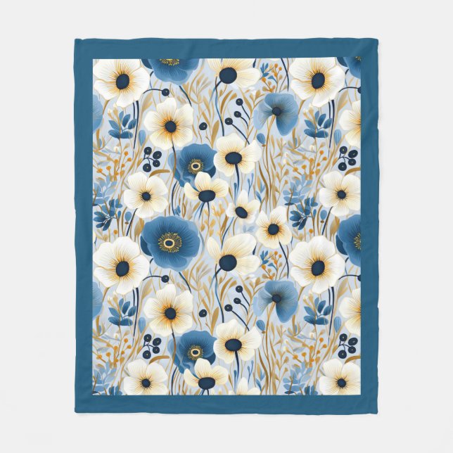 Blue and White Wildflowers Fleece Blanket (Front)