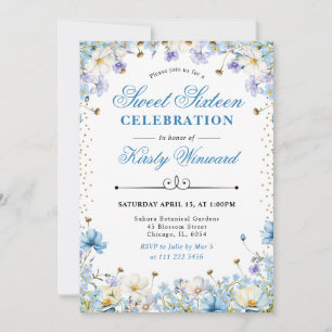 Blue and White Wildflowers Forget Me Nots Sweet 16 Invitation