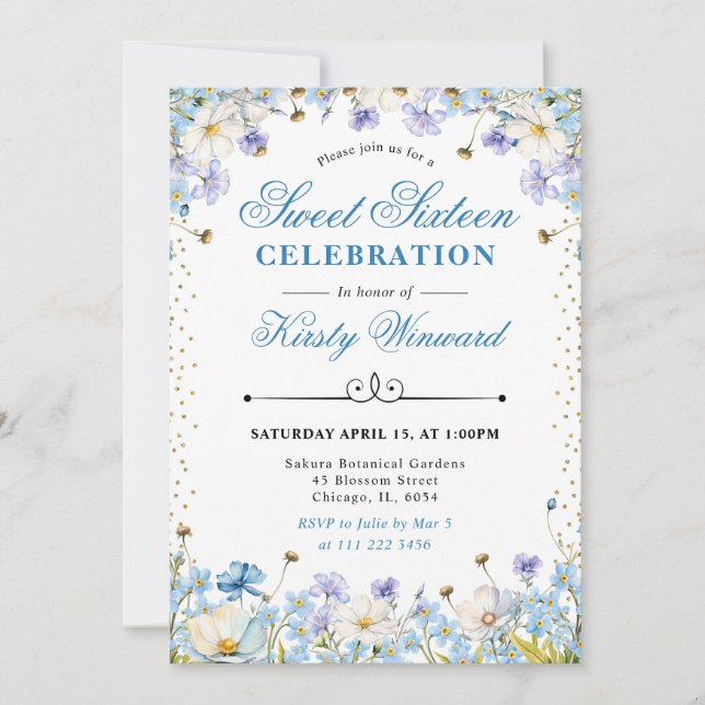 Blue and White Wildflowers Forget Me Nots Sweet 16 Invitation (Front)
