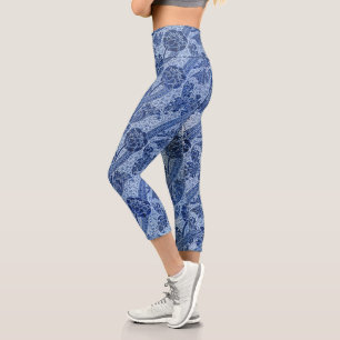 Blue and White William Morris Style Floral Capri Leggings