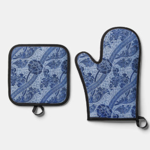 Blue and White William Morris Style Floral Oven Mitt & Pot Holder Set