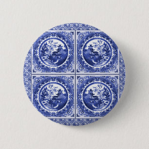 Blue and white, willow pattern design 6 cm round badge